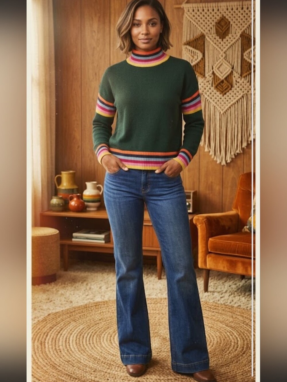 Aqua Cashmere Forest Hep Rainbow Stripe Detailing Crewneck Pullover Large